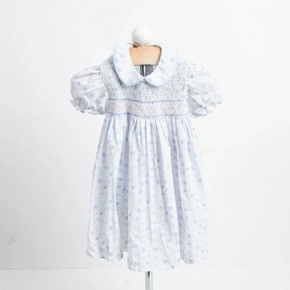 Vintage La Fleur Girls Smocked Dress 2T White Blue Pink Floral Short Sleeved